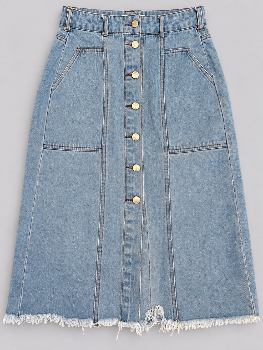 Sans Souci Small Light Wash Denim Midi Skirt Button Front Raw Hem